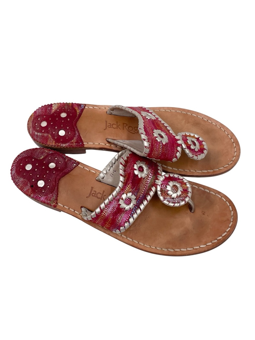 Jack Rogers Navajo Flat Metallic Red Silver Whipstitch Leather Thong Sandals 7 N